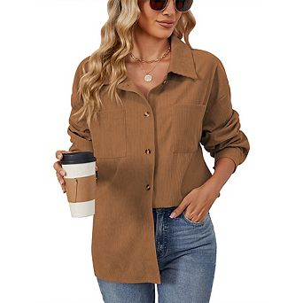 Women's Corduroy Shirt Jacket V-Neck Oversized Pocket Long Sleeve Comfortable