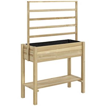 Outsunny Wooden Raised Planter with Trellis, Garden Box with Storage Shelf