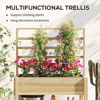 Outsunny Wooden Raised Planter with Trellis, Garden Box with Storage Shelf