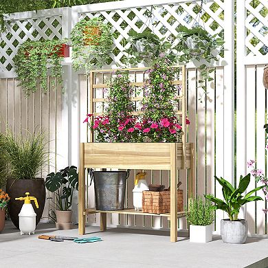 Outsunny Wooden Raised Planter with Trellis, Garden Box with Storage Shelf