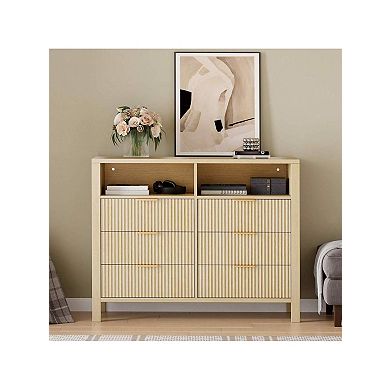 Fluted 6 Drawer Dresser For Bedroom, 47.2" Wide Wood Chest Of Drawers With 2 Open Shelves