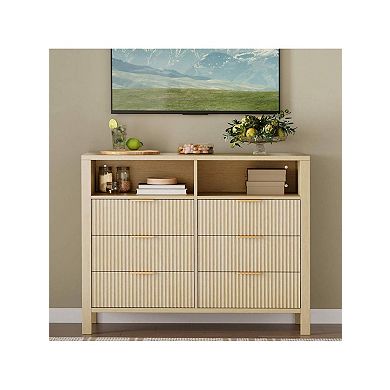 Fluted 6 Drawer Dresser For Bedroom, 47.2" Wide Wood Chest Of Drawers With 2 Open Shelves
