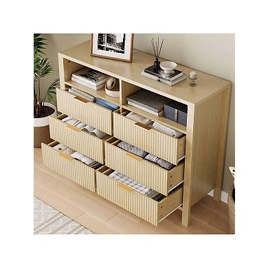 Fluted 6 Drawer Dresser For Bedroom, 47.2" Wide Wood Chest Of Drawers With 2 Open Shelves
