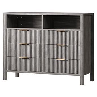Fluted 6 Drawer Dresser For Bedroom, 47.2" Wide Wood Chest Of Drawers With 2 Open Shelves