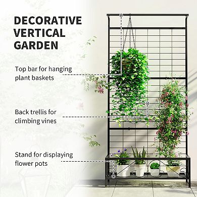 Outsunny 74inch Tall Metal Plant Stand with Trellis and Hanging Bar