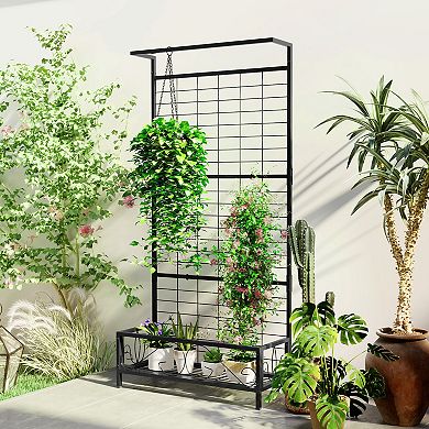 Outsunny 74inch Tall Metal Plant Stand with Trellis and Hanging Bar