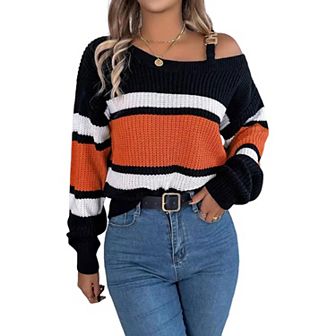 Women Contrast Color Striped Knit Pullover Sweater Long Sleeve Buckle Cold Shoulder Sweater