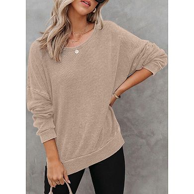 Womens Oversized Sweatshirts Crewneck Wafflle Knit Long Sleeve Side Slit Pullover Sweatshirt Tops