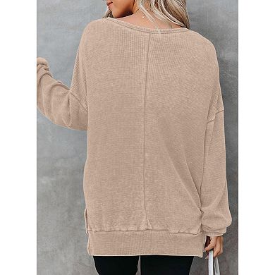 Womens Oversized Sweatshirts Crewneck Wafflle Knit Long Sleeve Side Slit Pullover Sweatshirt Tops