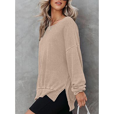 Womens Oversized Sweatshirts Crewneck Wafflle Knit Long Sleeve Side Slit Pullover Sweatshirt Tops