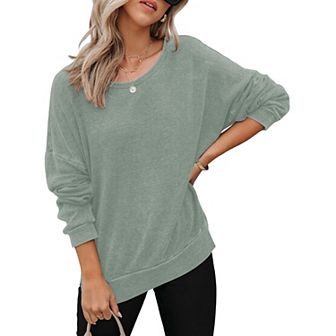 Womens Oversized Sweatshirts Crewneck Wafflle Knit Long Sleeve Side Slit Pullover Sweatshirt Tops