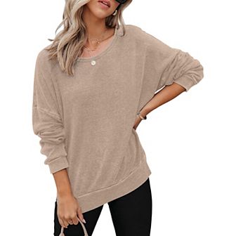 Womens Oversized Sweatshirts Crewneck Wafflle Knit Long Sleeve Side Slit Pullover Sweatshirt Tops