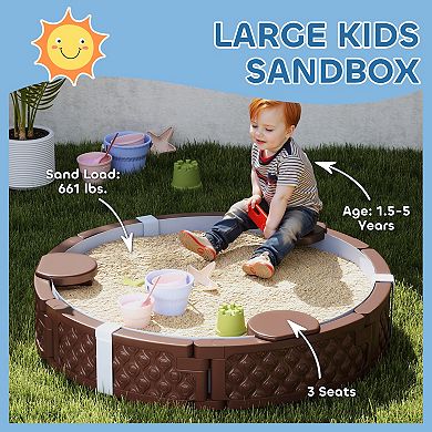 Qaba Round Kids Sandbox with Cover, 3 Seats, Bottom Liner