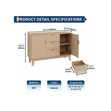 Large Fluted Buffet Cabinet With Storage, 47.2" Modern Sideboard Buffet, Wood Farmhouse Coffee Bar
