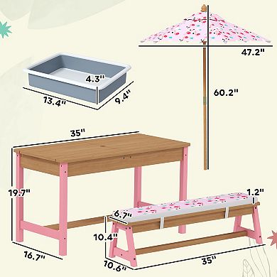 Qaba Kids Picnic Table, Wooden Table and Bench Set with Umbrella