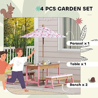 Qaba Kids Picnic Table, Wooden Table and Bench Set with Umbrella