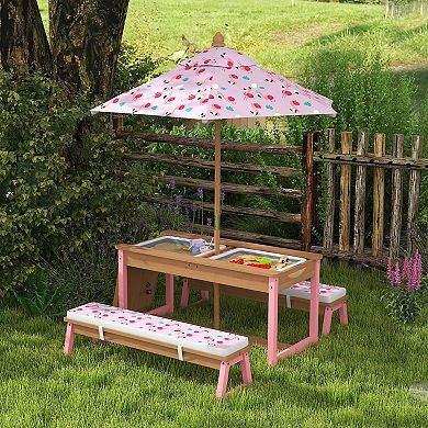 Qaba Kids Picnic Table, Wooden Table and Bench Set with Umbrella