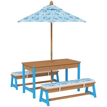 Qaba Kids Picnic Table, Wooden Table and Bench Set with Umbrella