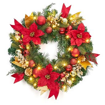 24 in Pre-Lit Christmas Wreath with 20 Lights, Red Gold Berries Balls Artificial Flower Leaves