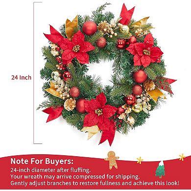 24 in Pre-Lit Christmas Wreath with 20 Lights, Red Gold Berries Balls Artificial Flower Leaves
