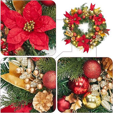24 in Pre-Lit Christmas Wreath with 20 Lights, Red Gold Berries Balls Artificial Flower Leaves