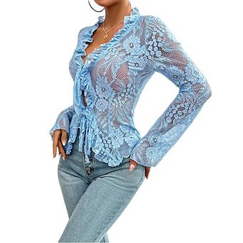 Women Lace Tops Long Sleeve See Through Sheer Mesh Crop Top Shirt Open Front Tie Blouse Ruffle