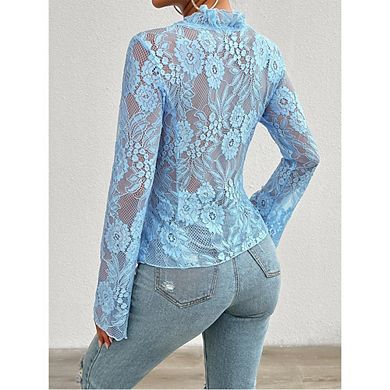 Women Lace Tops Long Sleeve See Through Sheer Mesh Crop Top Shirt Open Front Tie Blouse Ruffle