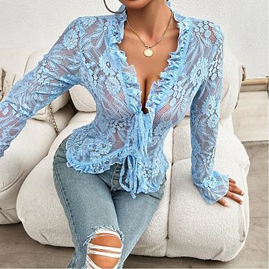 Women Lace Tops Long Sleeve See Through Sheer Mesh Crop Top Shirt Open Front Tie Blouse Ruffle