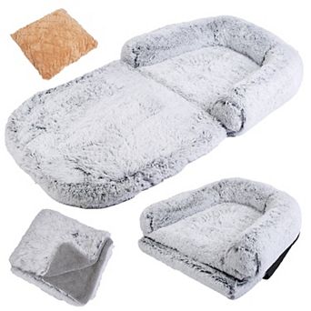 Large Foldable Human Size Dog Bed with Pillow & Blanket, Plush Napping Bed with Removable Washable C