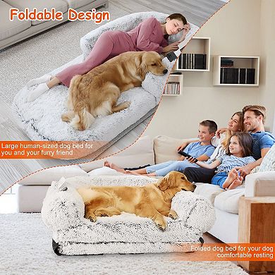 Large Foldable Human Size Dog Bed with Pillow & Blanket, Plush Napping Bed with Removable Washable C