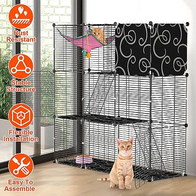 3-Tier Indoor Cat Cage Playpen with Hammock, Toy Ball, Ladder & DIY Iron Wire Cat House for 1-2 Cats