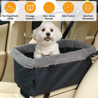 Small Dog Car Seat with Harness, Center Console Booster Seat with Side Pocket & Soft Velvet Cushion