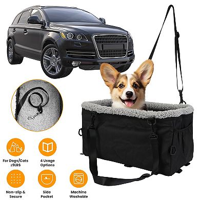 Small Dog Car Seat with Harness, Center Console Booster Seat with Side Pocket & Soft Velvet Cushion