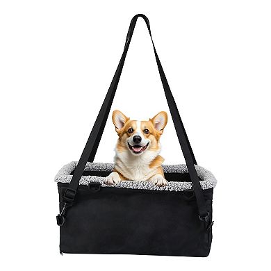 Small Dog Car Seat with Harness, Center Console Booster Seat with Side Pocket & Soft Velvet Cushion