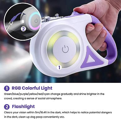 16FT Retractable Dog Leash with RGB Flashlight, Waste Bags, for Dogs 66110 lbs