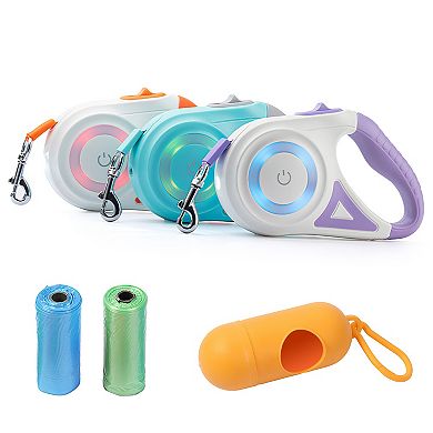 16FT Retractable Dog Leash with RGB Flashlight, Waste Bags, for Dogs 66110 lbs