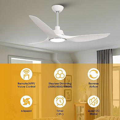 52" Modern Dimmable Smart Propeller Ceiling Fan with Light and Remote, App Control, Voice Control