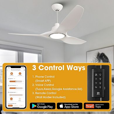52" Modern Dimmable Smart Propeller Ceiling Fan with Light and Remote, App Control, Voice Control