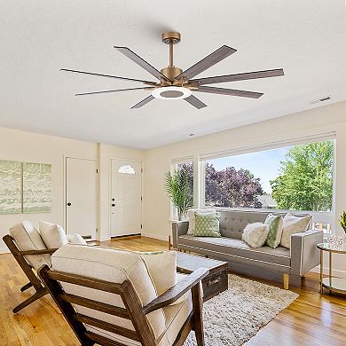 65" Aged Brass 8-Blade Windmill Ceiling Fan with Light and Remote