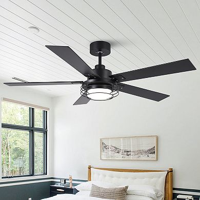 52-in Industrial Metal Caged Ceiling Fan with Light and Remote, Reversible 5-Blade