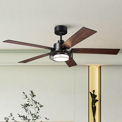 52-in Industrial Metal Caged Ceiling Fan with Light and Remote, Reversible 5-Blade