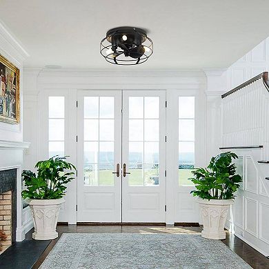 12" Industrial Caged Flush Mount Ceiling Fan with Lights and Remote