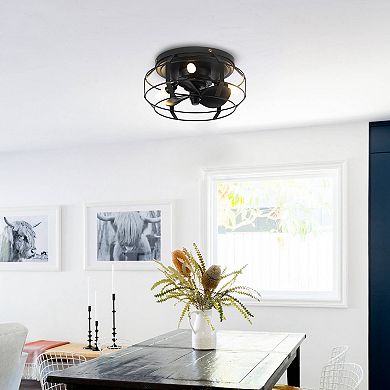 12" Industrial Caged Flush Mount Ceiling Fan with Lights and Remote