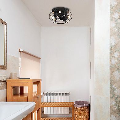 12" Industrial Caged Flush Mount Ceiling Fan with Lights and Remote