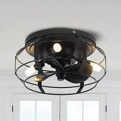 12" Industrial Caged Flush Mount Ceiling Fan with Lights and Remote