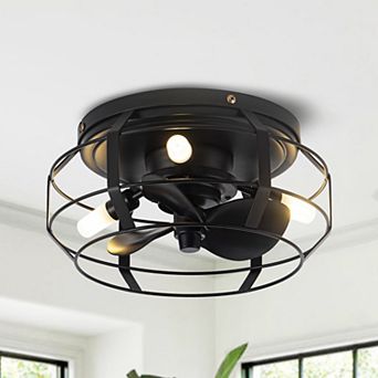 12" Industrial Caged Flush Mount Ceiling Fan with Lights and Remote