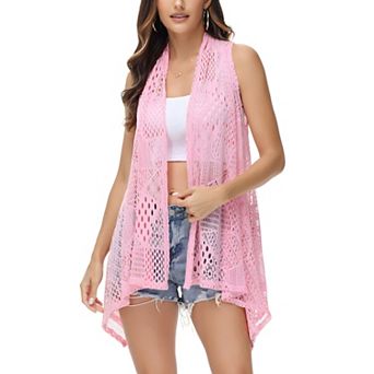 Women's Open Front Sleeveless Crochet Knit Vest with Asymmetrical Hem and Lightweight Draped Design