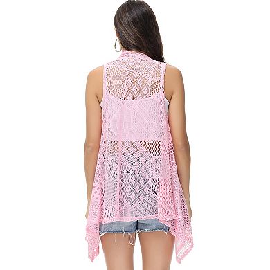 Women's Open Front Sleeveless Crochet Knit Vest with Asymmetrical Hem and Lightweight Draped Design