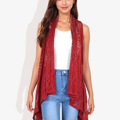 Women's Open Front Sleeveless Crochet Knit Vest with Asymmetrical Hem and Lightweight Draped Design