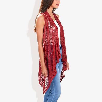 Women's Open Front Sleeveless Crochet Knit Vest with Asymmetrical Hem and Lightweight Draped Design